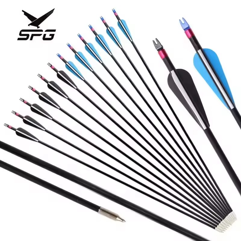 SPG Archery 8 mm Fiber Carbon Arrow Compound Recurve Bow 30 Inch Replaceable Tips Explosion Proof Shaft Target Hunting Practice