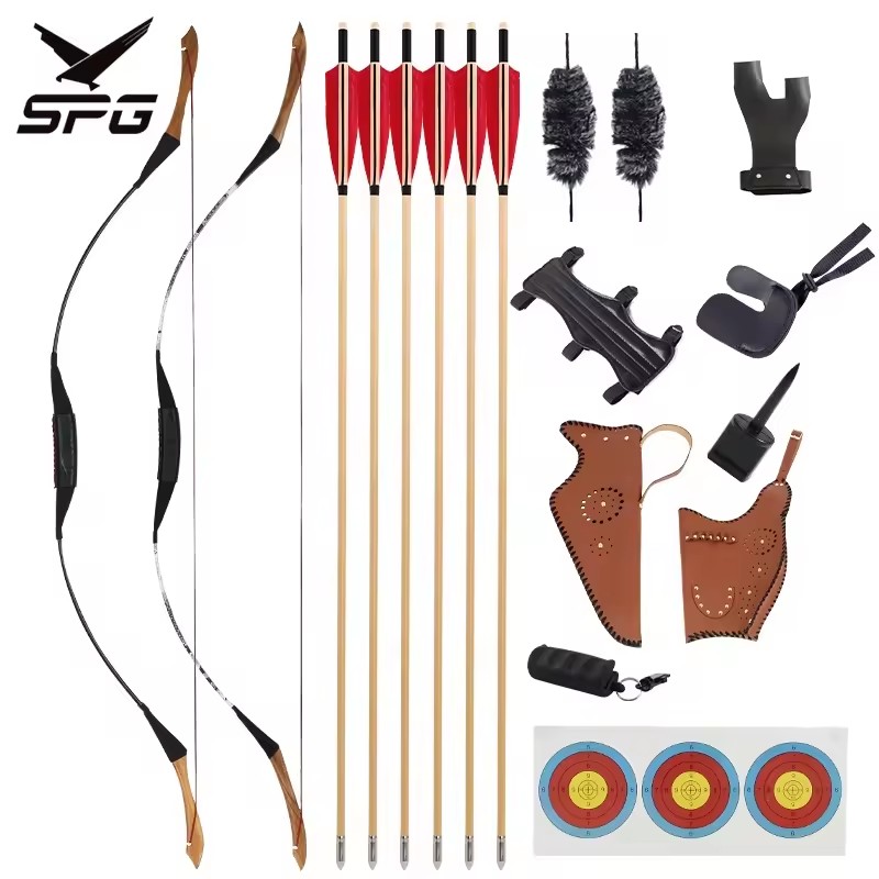 SPG Traditional Bow Archery Hunting Bow And Arrow Set Mixed Carbon Arrow Arm Tumb Guard Finger Tab Bag Protector Accessories