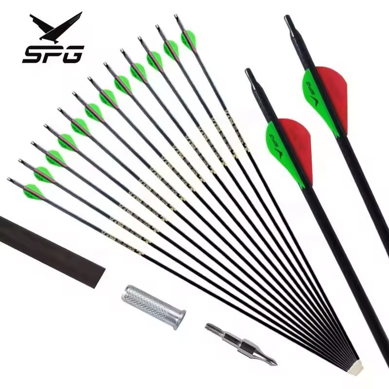 SPG Archery Pure Carbon Arrow Hunting Compound Traditional Recurve Bow 300 Spine 32 inch I.D 6.2 mm 3K Shaft Plastic Feather