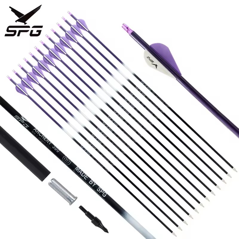 SPG Archery Pure Carbon Arrow Compound Recurve Hunting Bow 6.2 mm 300 Spine Pin Nock Shaft Plastic Feather Replacement Tip