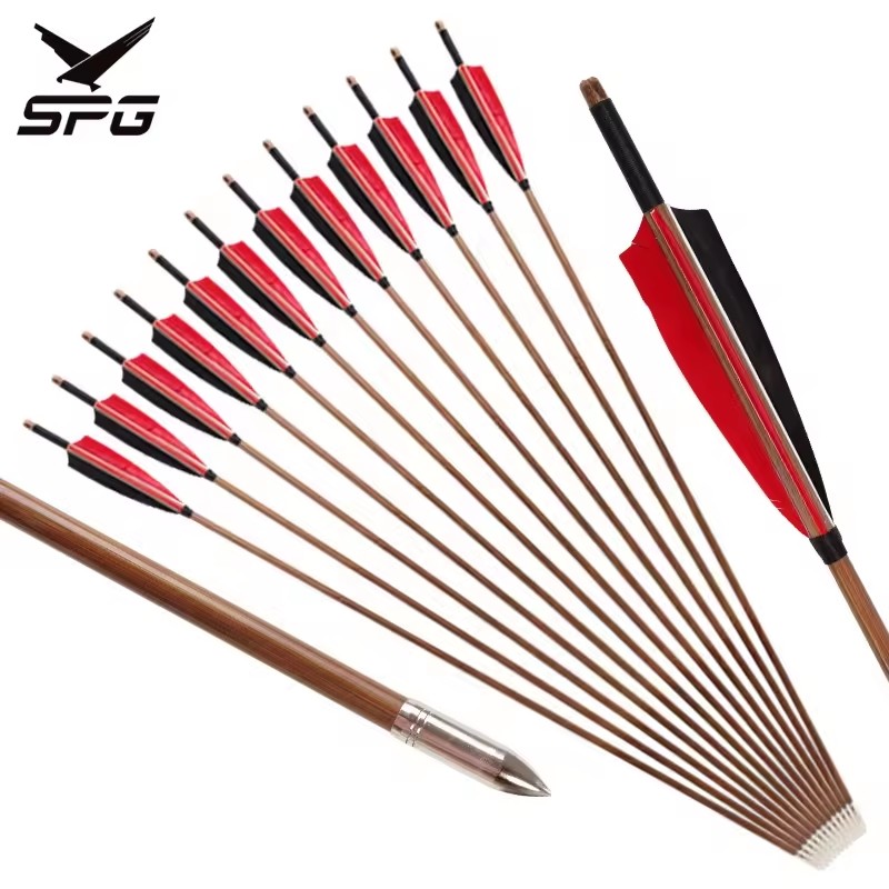 SPG 8mm Turkey feather Bamboo Arrow Shaft Recurve Hunting Straight Bow Stainless steel Tip Outdoor Sports Competition Equipment