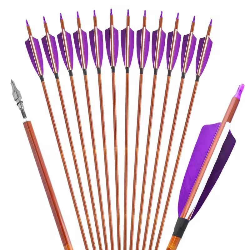 Archery Pure Carbon Fiber Arrow Traditional Recurve Mongolian Bow Hunting Turkey Feather Vanes Wooden Grain Shaft Metal Tips