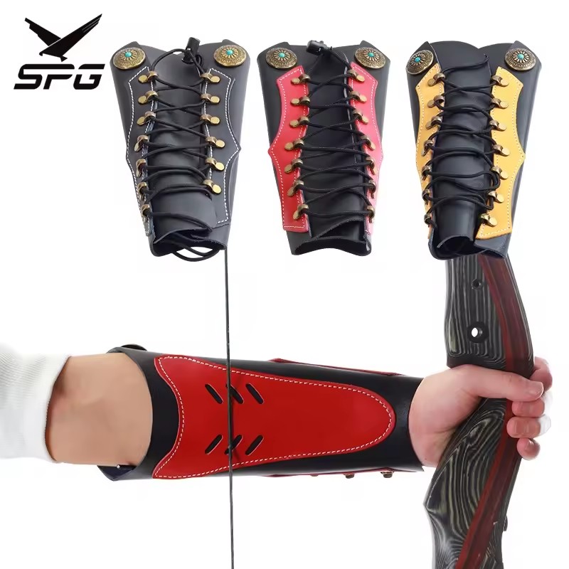 SPG Bow Arm Guard Archery Traditional Recurve Longbow Hunting Leather Protector Adjustable Straps Protective Accessories