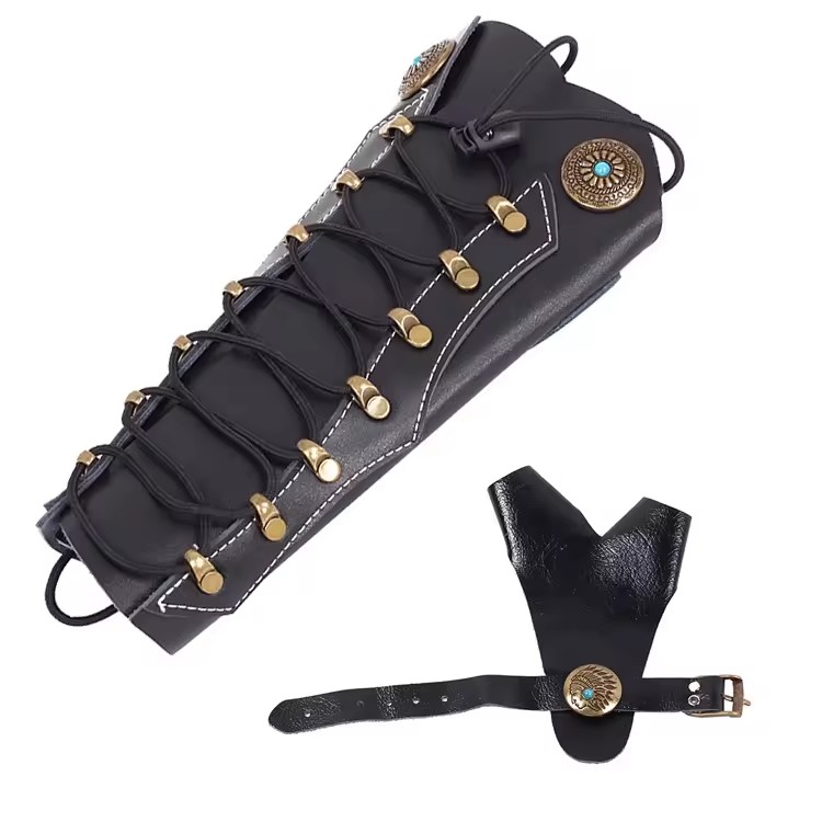 Archery Arm Hand Guard Set Handcrafted Leather Adjustable Wrist Strap Traditional Mongolian Bow Hunting Protective Equipment